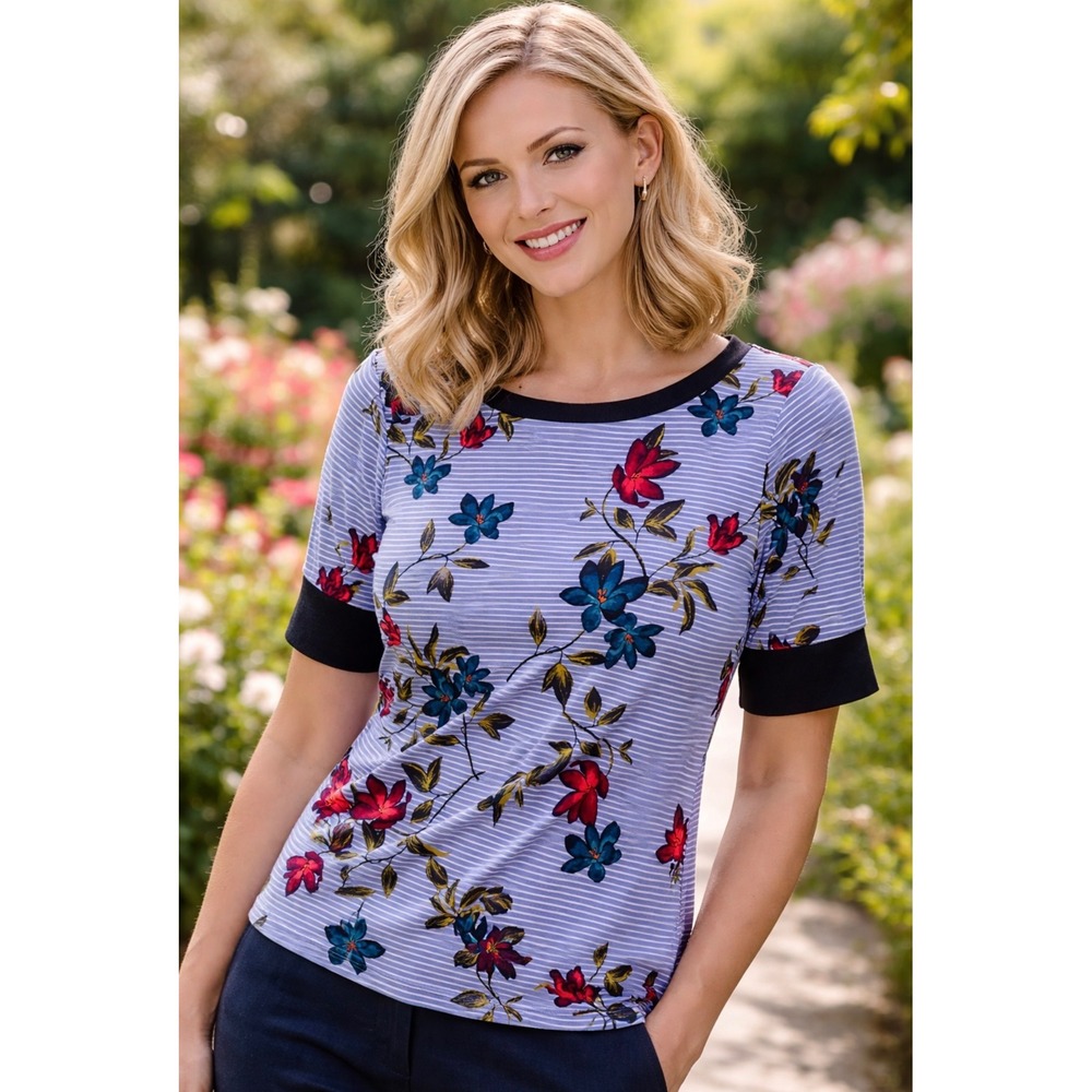 Lauren Ralph Lauren Floral Stripe Cotton Boat Neck Top Blue Red S
